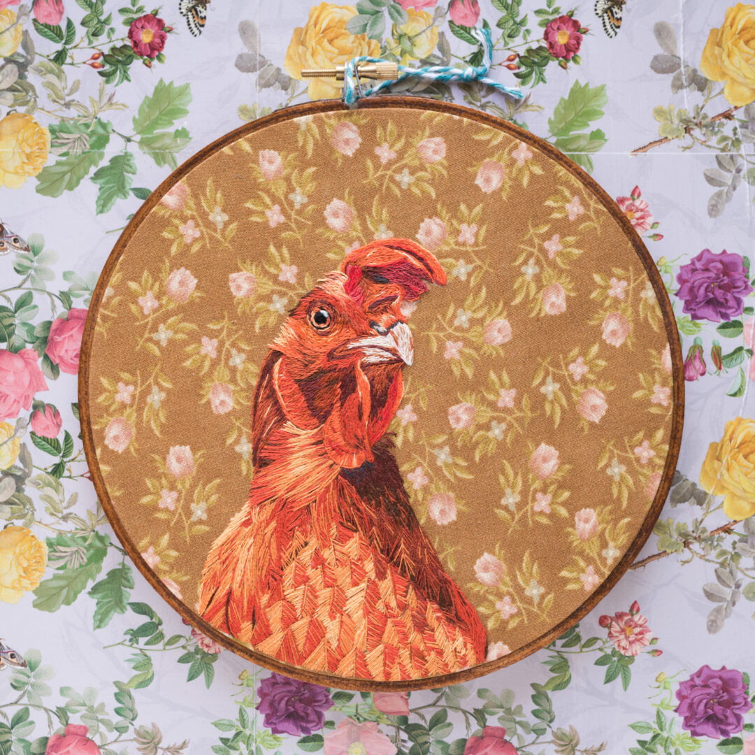Embroidered Chicken on Foral Fabric